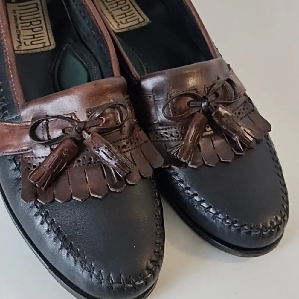 J Murphy Soft Supple Leather Uppers & Soles Black & Brown Tassel Loafers 10N